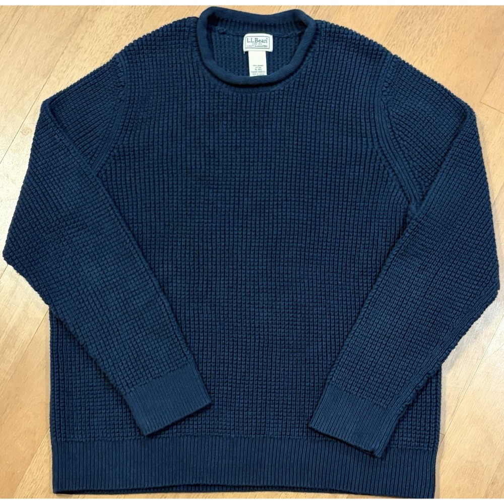 LL Bean Roll Neck Sweater XL Large Blue Organic Cotton Waffle Knit Fisherman EUC